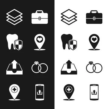 Set Map pointer with heart, Dental protection, Layers, Toolbox, Upload inbo.. Stock Illustration