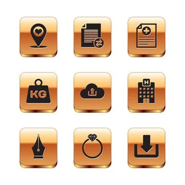 Set Map pointer with heart, Fountain pen nib, Diamond engagement ring, Cloud Stock Illustration