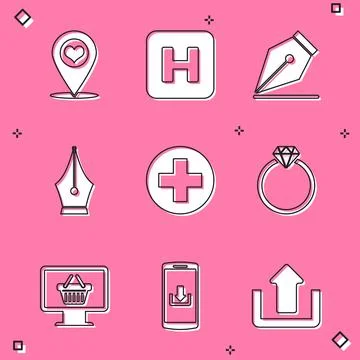 Set Map pointer with heart, Hospital, Fountain pen nib, , Medical cross circle Illustrazione stock