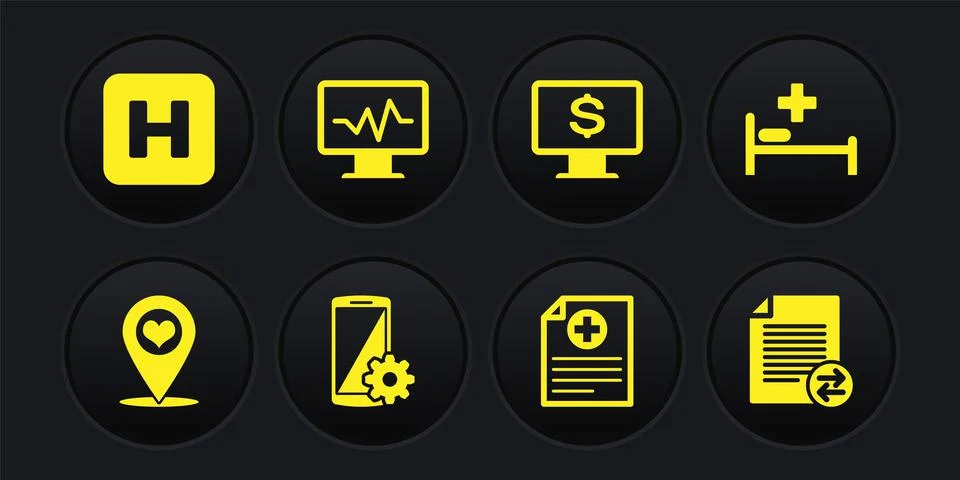 Set Map pointer with heart, Hospital bed, Setting on smartphone, Clinical rec Illustrazione stock