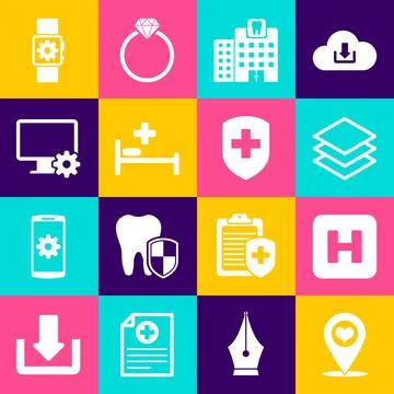 Set Map pointer with heart, Hospital, Layers, Dental clinic, bed and Computer Stock Illustration