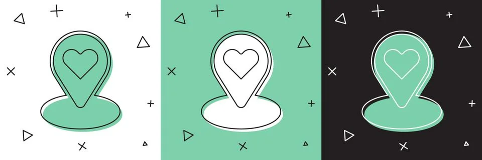 Set Map pointer with heart icon isolated on white and green, black background イラスト素材