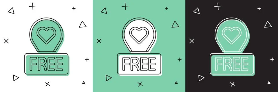 Set Map pointer with heart icon isolated on white and green, black background Stock Illustration