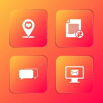 Set Map pointer with heart, Transfer files, Chat and Monitor and envelope icon Stock Illustration