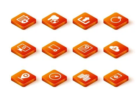 Set Map pointer with heart, Wind rose, Monitor dollar, Laptop and gear, Medical Stock Illustration