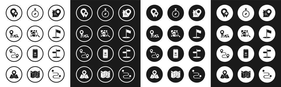 Set Map pointer with house, Folded map location marker, pin, Flag, Compass, Road Illustrazione stock