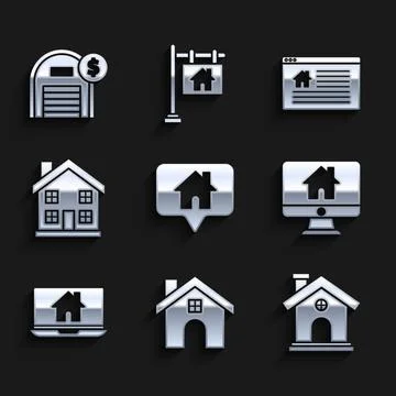 Set Map pointer with house, House, Computer monitor smart home, Laptop and, Home 스톡 일러스트