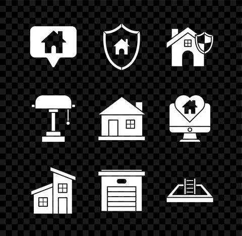 Set Map pointer with house, House shield, Garage, Swimming pool ladder, Table Stock Illustration