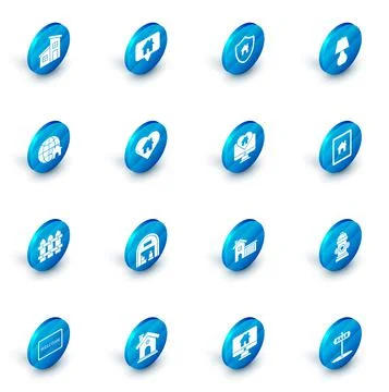 Set Map pointer with house, House shield, Table lamp, Globe symbol, Garden fence Illustrazione stock