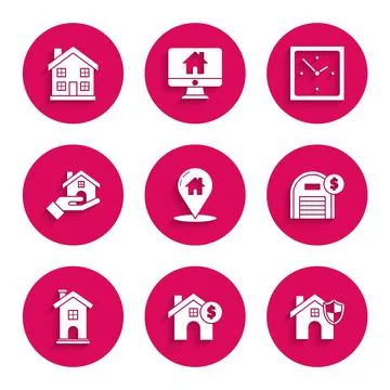 Set Map pointer with house, House dollar symbol, shield, Warehouse, Home Stock Illustration