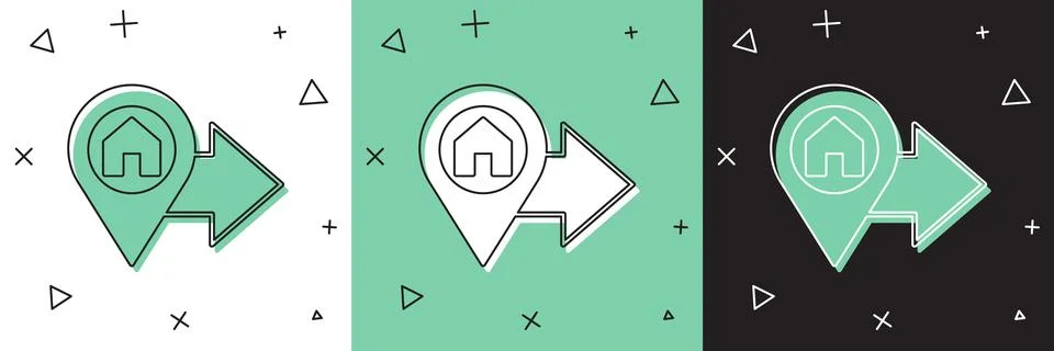 Set Map pointer with house icon isolated on white and green, black background Stock Illustration