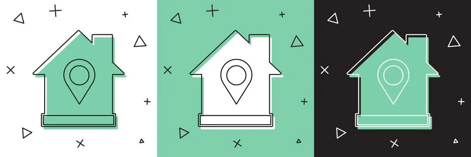 Set Map pointer with house icon isolated on white and green, black backgrou.. Stock Illustration