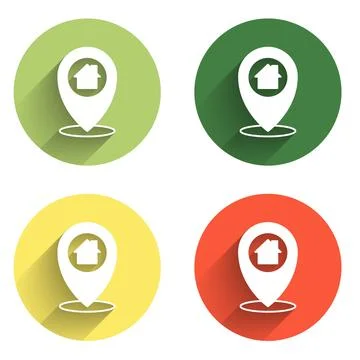 Set Map pointer with house icon isolated with long shadow background. Home .. Stock Illustration