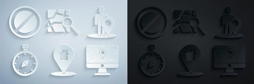 Set Map pointer with house, marker silhouette of person, Compass, Monitor and 스톡 일러스트