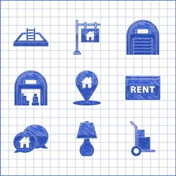 Set Map pointer with house, Table lamp, Hand truck and boxes, Hanging sign text Stock Illustration