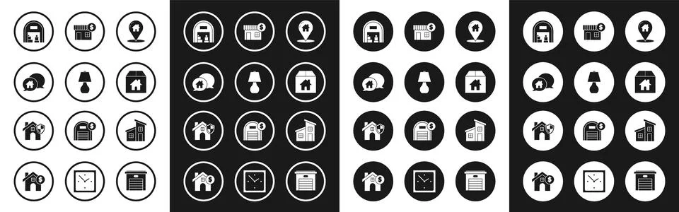 Set Map pointer with house, Table lamp, House building speech bubble, Wareh.. Stock Illustration