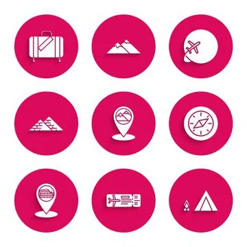 Set Map pointer with mountain, Airline ticket, Tourist tent wood fire, Compass Stock Illustration