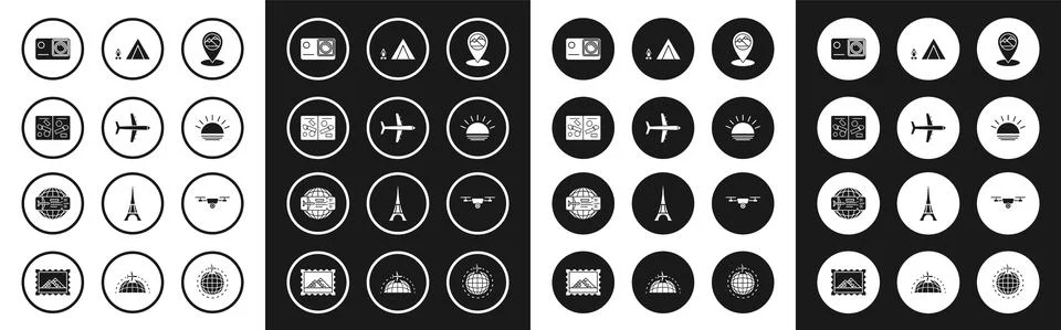 Set Map pointer with mountain, Plane, Passport pages visa stamps, Action extreme Stock Illustration