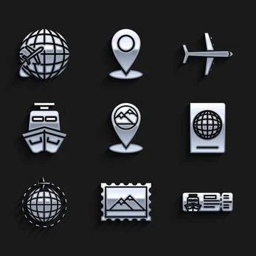 Set Map pointer with mountain, Postal stamp and Mountains, Cruise ticket for Stock Illustration