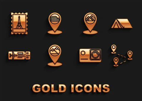 Set Map pointer with mountain, Tourist tent, Route location, Action extreme Stock Illustration