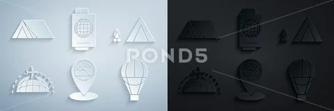 Set Map pointer with mountain, Tourist tent wood fire, Globe flying ...
