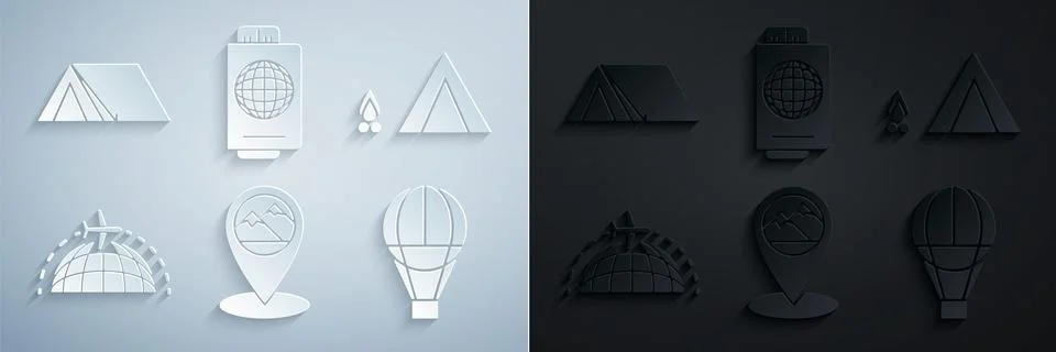 Set Map pointer with mountain, Tourist tent wood fire, Globe flying plane, Hot Stock Illustration