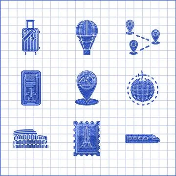 Set Map pointer with mountain, Train, Globe flying plane, Coliseum Rome, Italy Stock Illustration