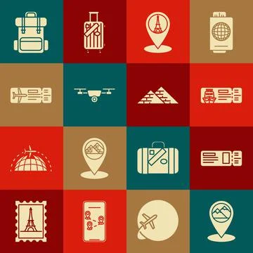 Set Map pointer with mountain, Travel ticket, Cruise for traveling by ship Stock Illustration