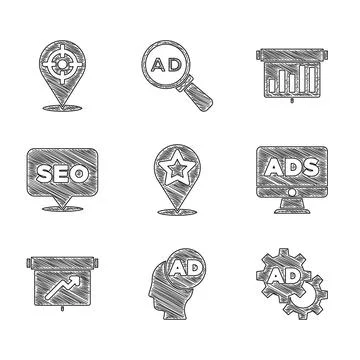 Set Map pointer with star, Advertising, Board graph chart, SEO optimization, and Stock Illustration