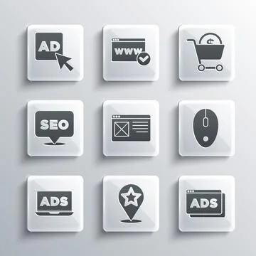 Set Map pointer with star, Advertising, Computer mouse, Browser window, SEO.. Stockillustratie