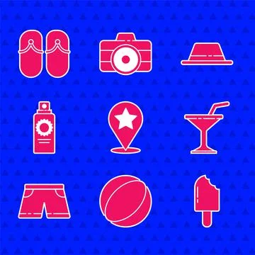 Set Map pointer with star, Beach ball, Ice cream, Martini glass, Swimming trunks Stock Illustration
