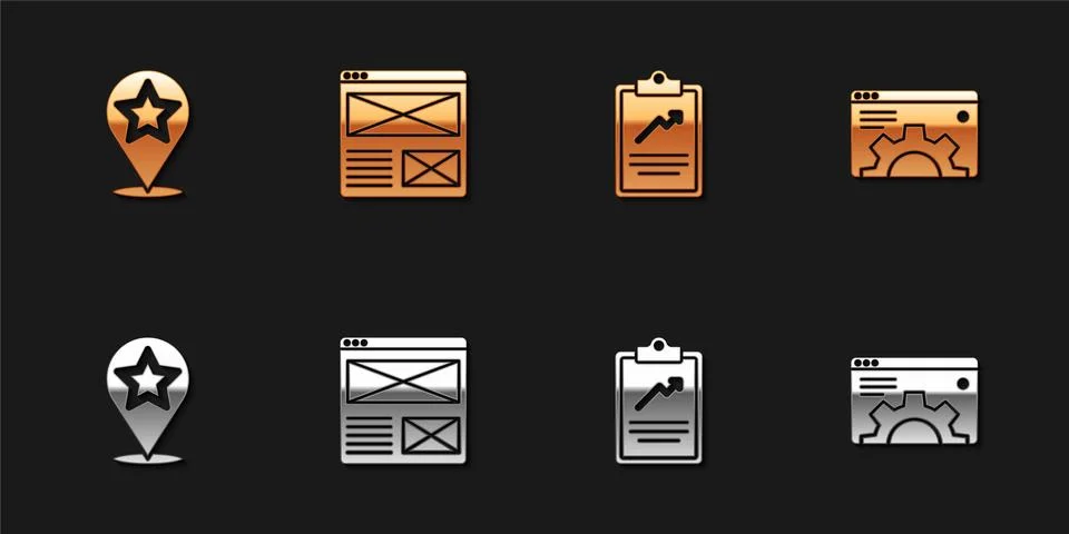 Set Map pointer with star, Browser window, Clipboard graph chart and setting Illustrazione stock