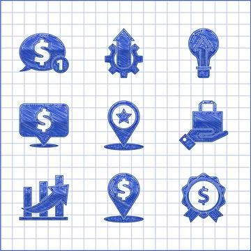 Set Map pointer with star, Cash location pin, Price tag dollar, Hand and paper Stock Illustration
