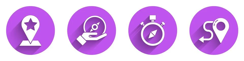 Set Map pointer with star, Compass, Compass and Route location icon with long Illustrazione stock