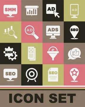 Set Map pointer with star, Customer product rating, SEO optimization Stock Illustration