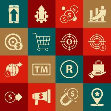 Set Map pointer with star, Hand and paper shopping bag, Target dollar symbol Stock Illustration