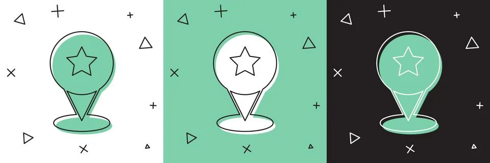 Set Map pointer with star icon isolated on white and green, black background Stock Illustration