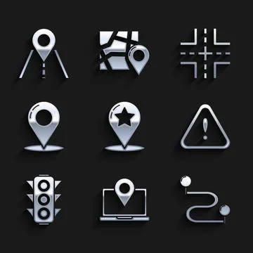 Set Map pointer with star, Laptop location marker, Route, Exclamation triangle 스톡 일러스트