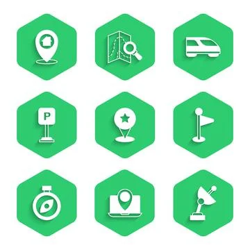 Set Map pointer with star, Laptop location marker, Radar, Location, Compass Stock Illustration