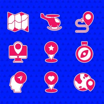 Set Map pointer with star, Location heart, the globe, Compass, person, Monitor Stock Illustration