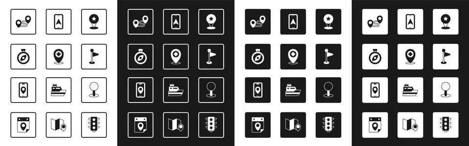 Set Map pointer with star, Location cross hospital, Compass, Route location Illustrazione stock