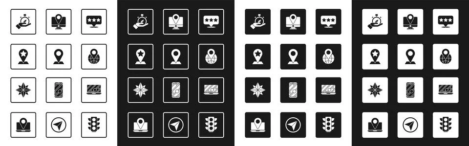 Set Map pointer with star, Location, Compass, the globe, Monitor location m.. Stock Illustration