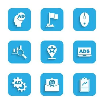 Set Map pointer with star, Mail and e-mail, Clipboard graph chart, Advertising Stock Illustration
