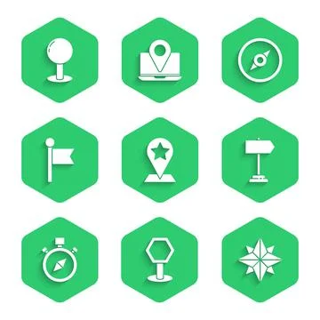 Set Map pointer with star, Road traffic sign, Wind rose, Compass, Location Stock Illustration