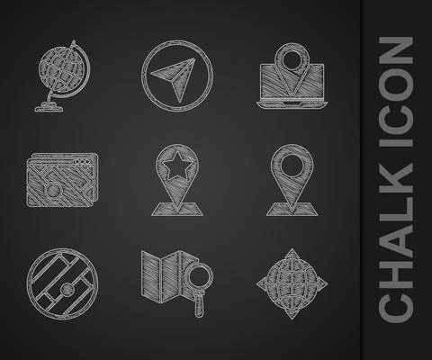 Set Map pointer with star, Search location, World globe compass, Location Stock Illustration