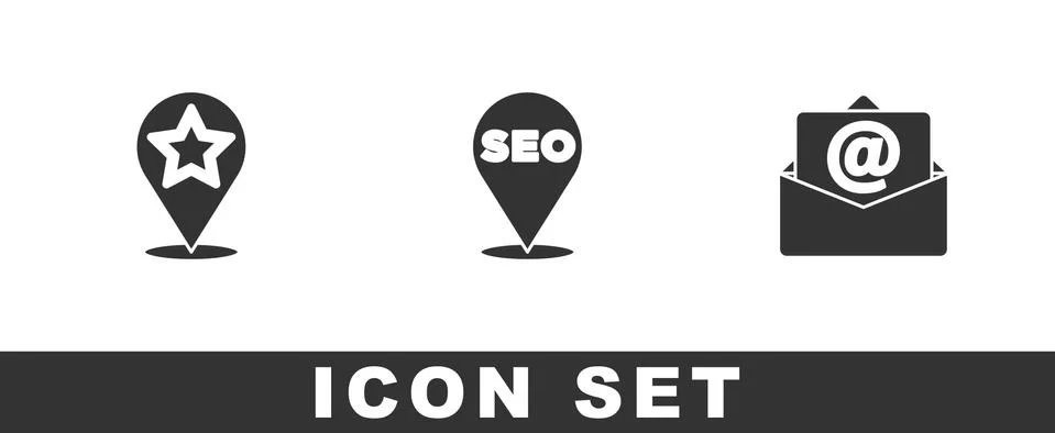 Set Map pointer with star, SEO optimization and Mail and e-mail icon. Vector Stock Illustration