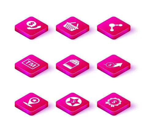 Set Map pointer with star, Star and dollar, Trademark, Shopping building or Illustration