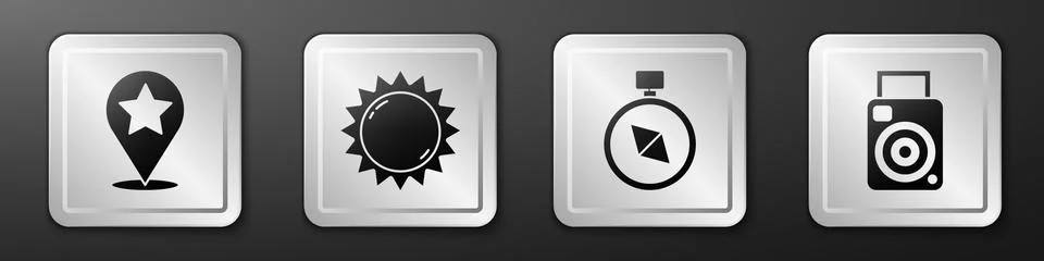 Set Map pointer with star, Sun, Compass and Photo camera icon. Silver square 스톡 일러스트