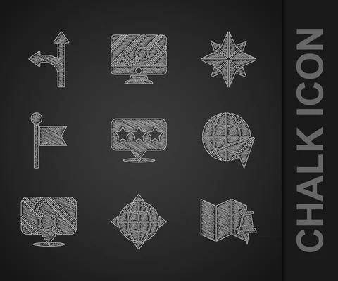 Set Map pointer with star, World globe compass, Folded map push pin, Globe Stock Illustration