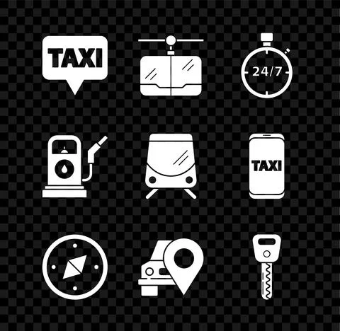 Set Map pointer with taxi, Cable car, Stopwatch 24 hours, Compass, Car key Stock Illustration